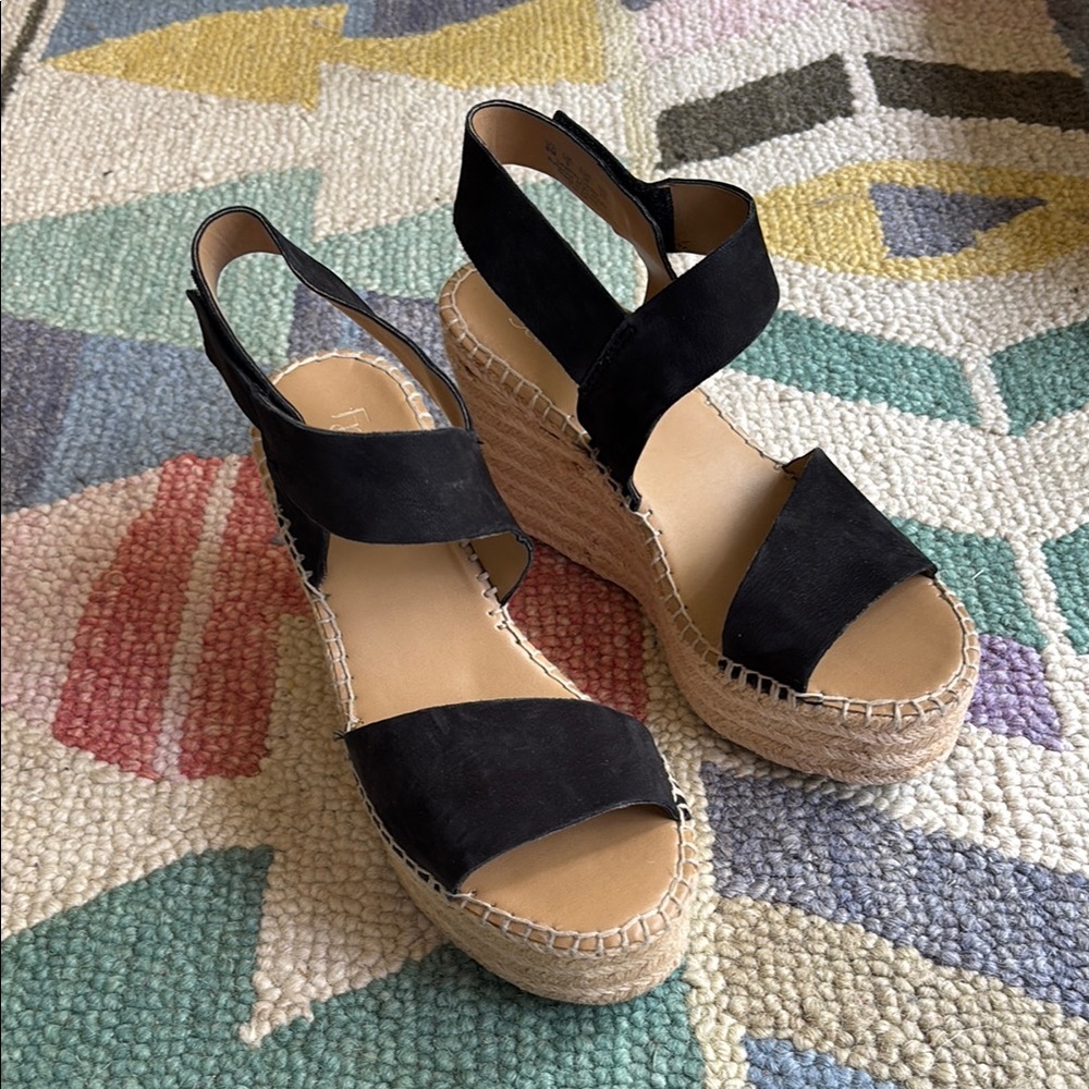 Franco Sarto Black and Tan Espadrille Wedges